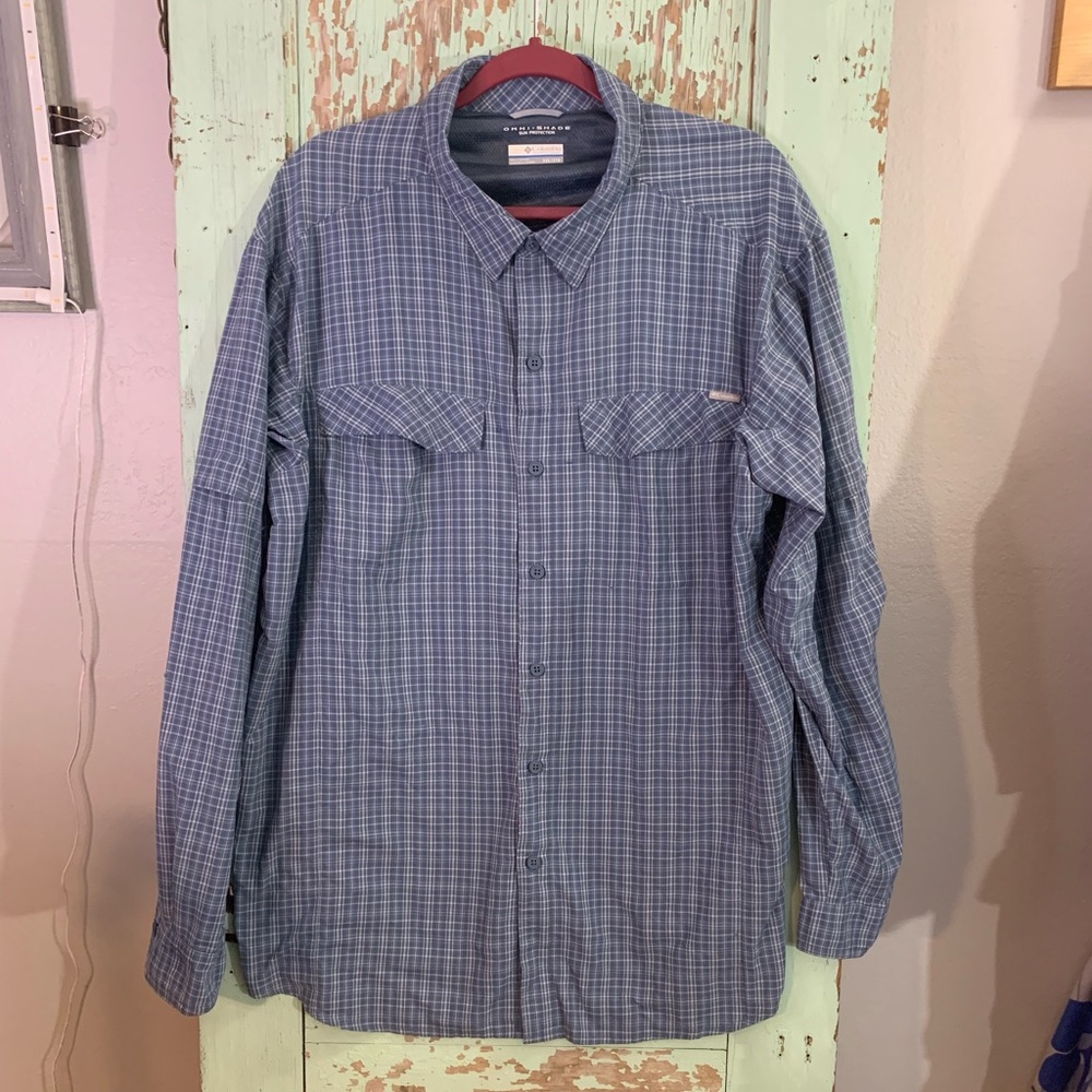 Men’s Columbia omni-shade sun protection blue plaid long sleeve button up shirt